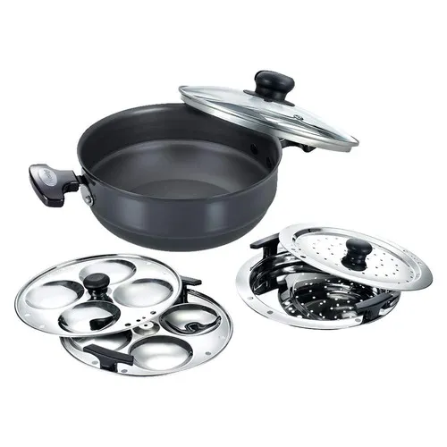 Prestige Hard Anodised Induction Base Multi-Kadai with Glass Lid (Dhokla Plate, Patra Plate, Idli Plates), 22cm (Black)